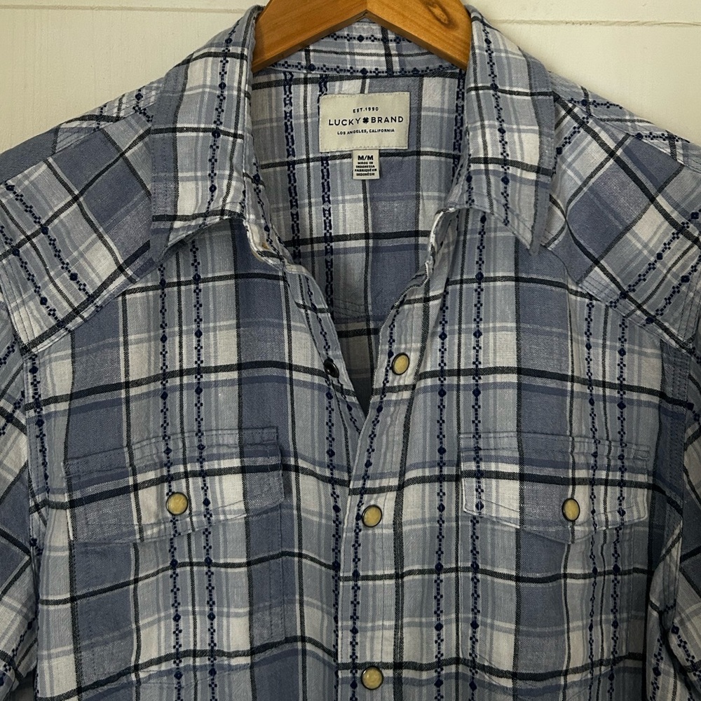 Lucky Brand Mens Size M Short Sleeve Pearl Snap Button Down Plaid Shirt